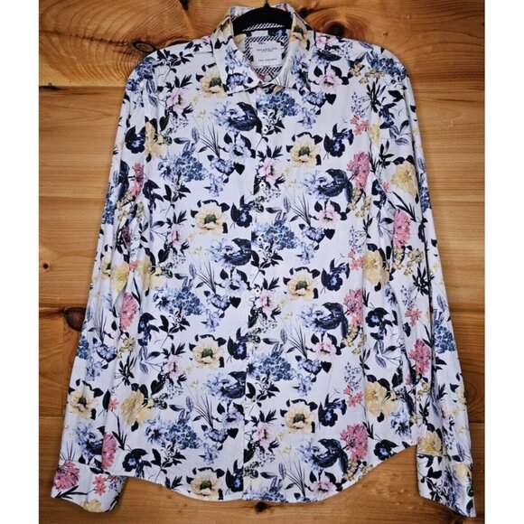 Denim & Flower Size Medium Button Down Long Sleeve Pink,Blue, Yellow Floral - Picture 1 of 14